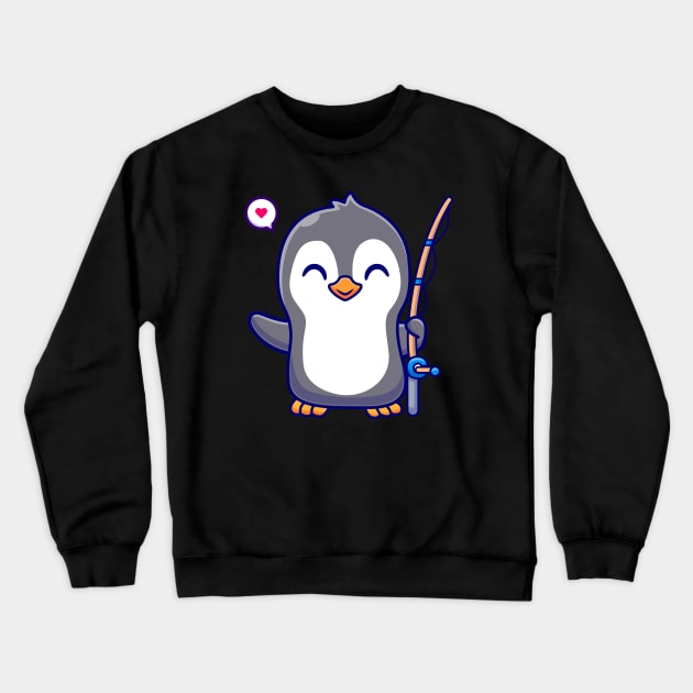Cute Penguin With Fishing Rod Cartoon Crewneck Sweatshirt by Catalyst Labs